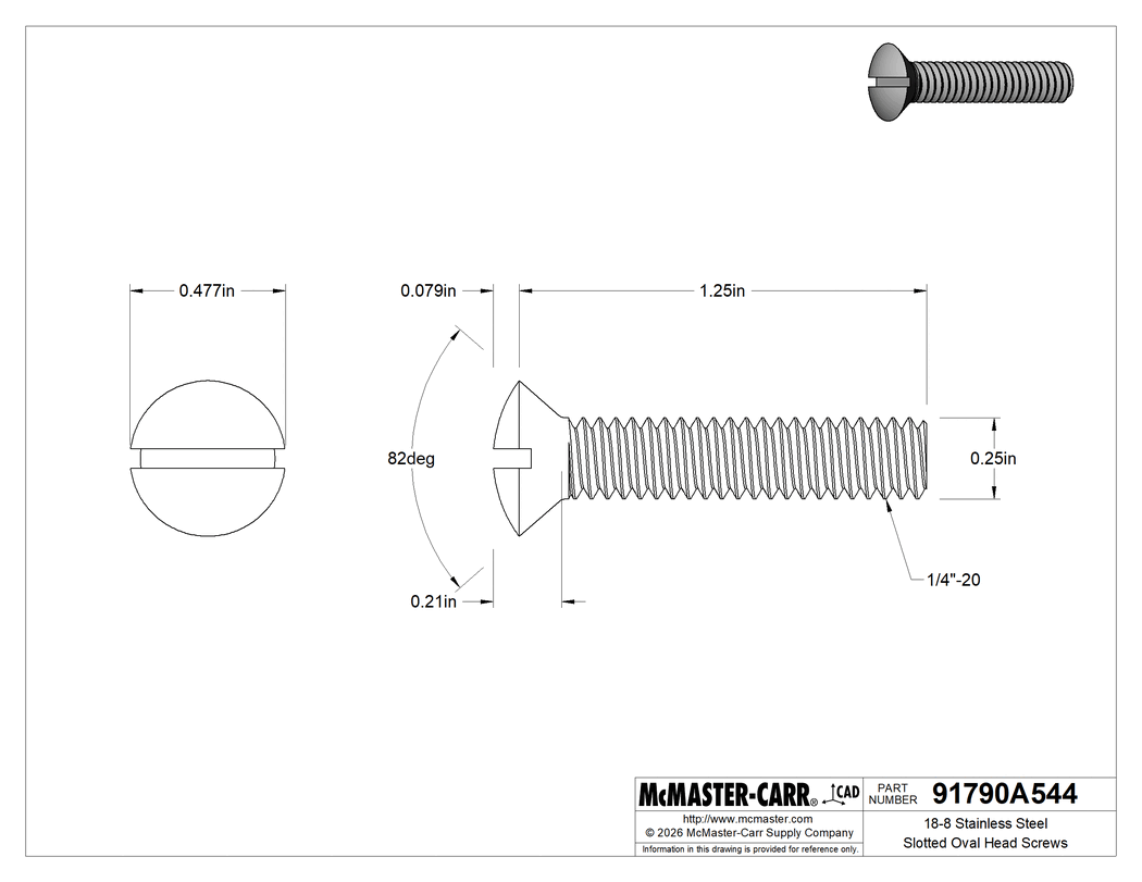 Technical Drawing of 18-8 Stainless Steel Slotted Oval Head Screws, 1/4"-20 Thread Size, 1-1/4" Long.